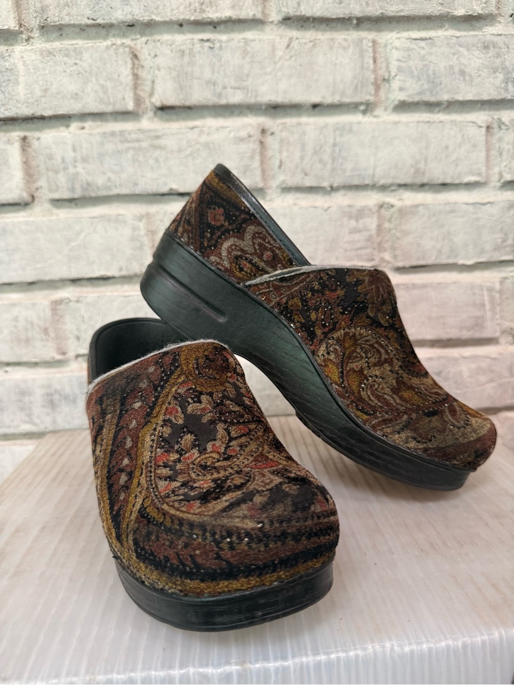 Dansko Paisley Pattern Brown & Black Clogs